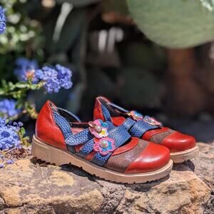 Socofy Colorful Leather Embossed Flower Mary Jane Comfort Shoes Size 6.5